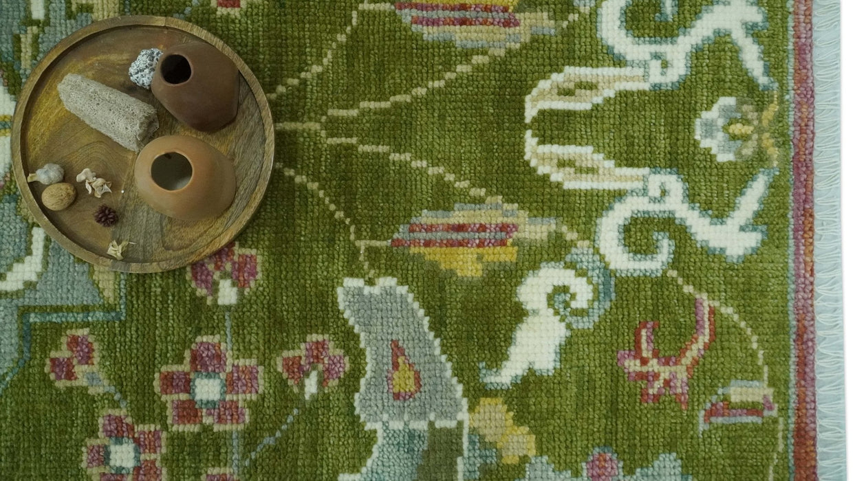 The Peacock Garden Green Bird Hand Knotted 8x10 and 9x12 Wool Area Rug