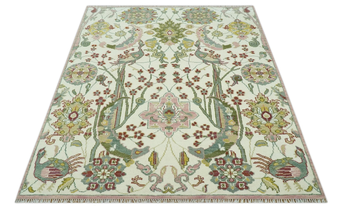 The Peacock Garden Ivory and Green Bird Hand Knotted Multi size Wool Area Rug