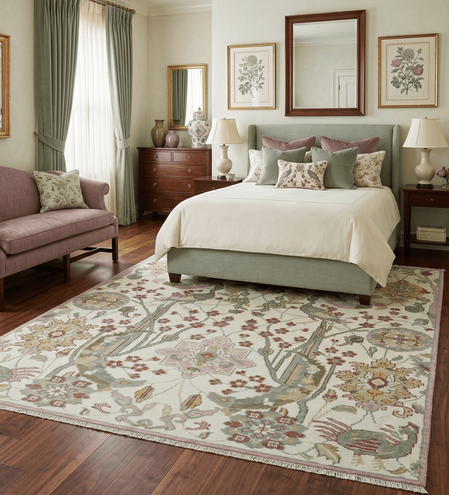The Peacock Garden Ivory and Green Bird Hand Knotted Multi size Wool Area Rug