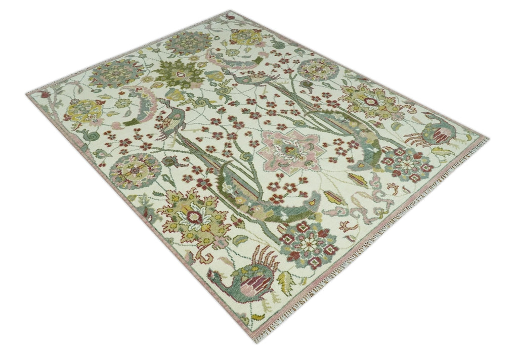 The Peacock Garden Ivory and Green Bird Hand Knotted Multi size Wool Area Rug