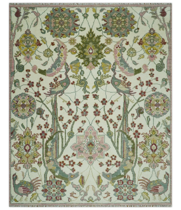The Peacock Garden Ivory and Green Bird Hand Knotted Multi size Wool Area Rug