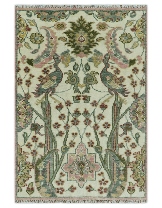 The Peacock Garden Ivory and Green Bird Hand Knotted Multi size Wool Area Rug