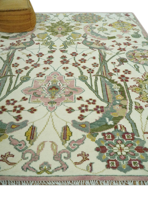 The Peacock Garden Ivory and Green Bird Hand Knotted Multi size Wool Area Rug