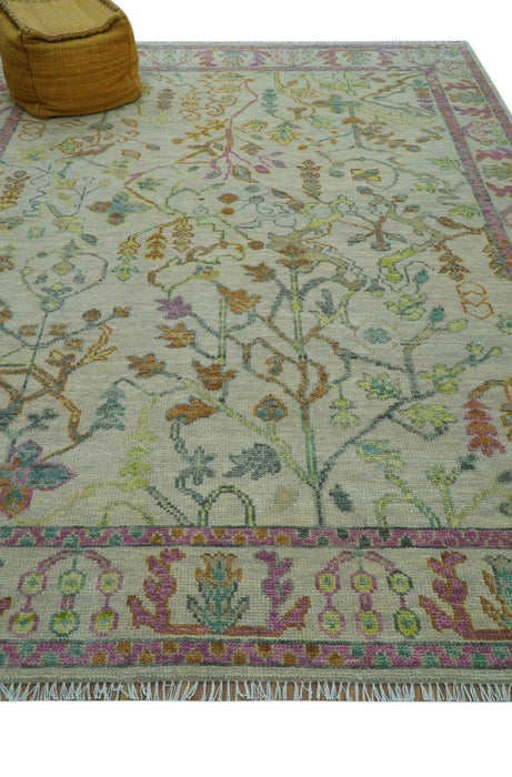 The Plants and Roots Ivory and Pink Hand Knotted Traditional Custom Made Wool Rug