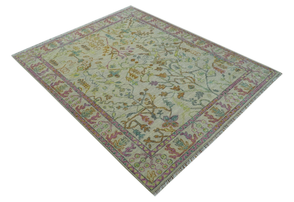 The Plants and Roots Ivory and Pink Hand Knotted Traditional Custom Made Wool Rug