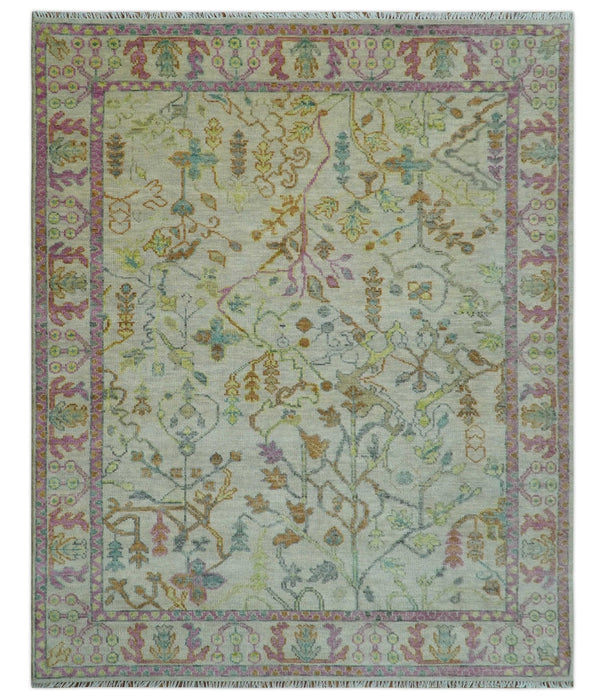The Plants and Roots Ivory and Pink Hand Knotted Traditional Custom Made Wool Rug