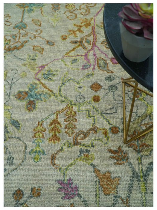The Plants and Roots Ivory and Pink Hand Knotted Traditional Custom Made Wool Rug