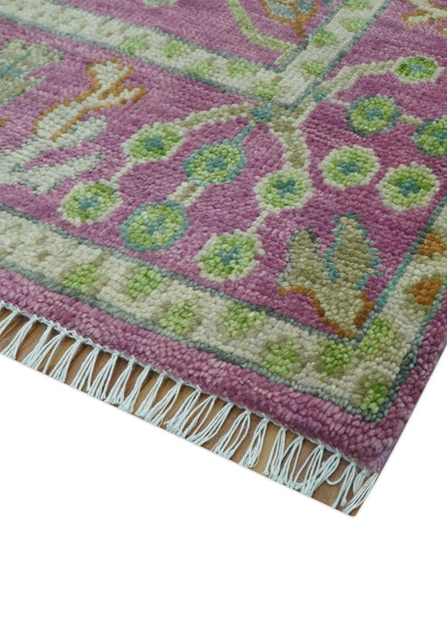The Plants and Roots Pink and Green Hand Knotted Traditional Custom Made Wool Rug
