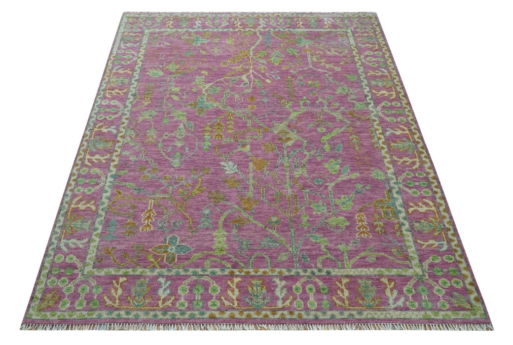 The Plants and Roots Pink and Green Hand Knotted Traditional Custom Made Wool Rug