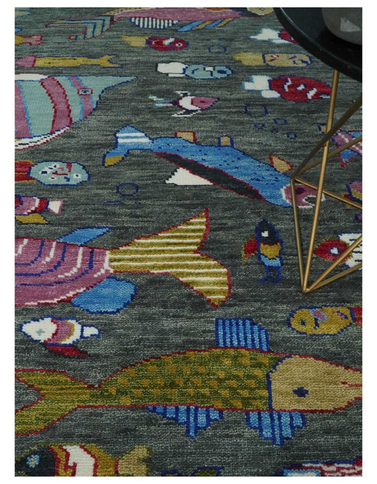 The Sea Life vibrant Colorful Fish Gray Rug Hand Knotted Multi Size Wool Area Rug