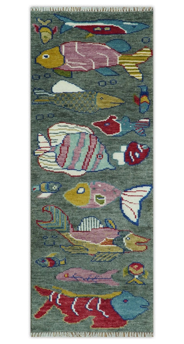 The Sea Life vibrant Colorful Fish Gray Rug Hand Knotted Multi Size Wool Area Rug