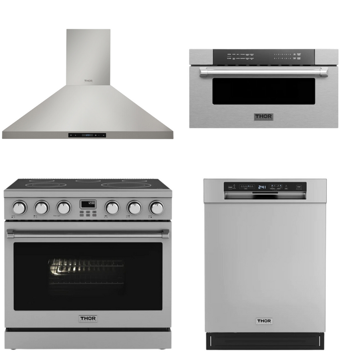 THOR Contemporary Package - 36" Electric Range, Range Hood, Dishwasher and Microwave, THOR-AP-ARE36-C49