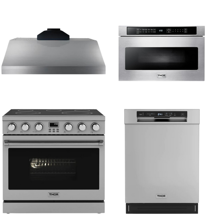 THOR Contemporary Package - 36" Electric Range, Range Hood, Dishwasher and Microwave, THOR-AP-ARE36-C52