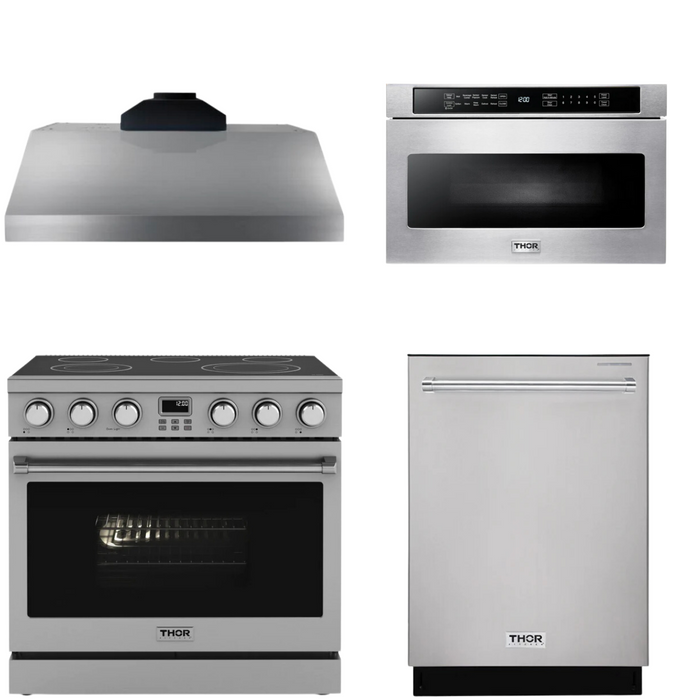 THOR Contemporary Package - 36" Electric Range, Range Hood, Dishwasher and Microwave, THOR-AP-ARE36-C54