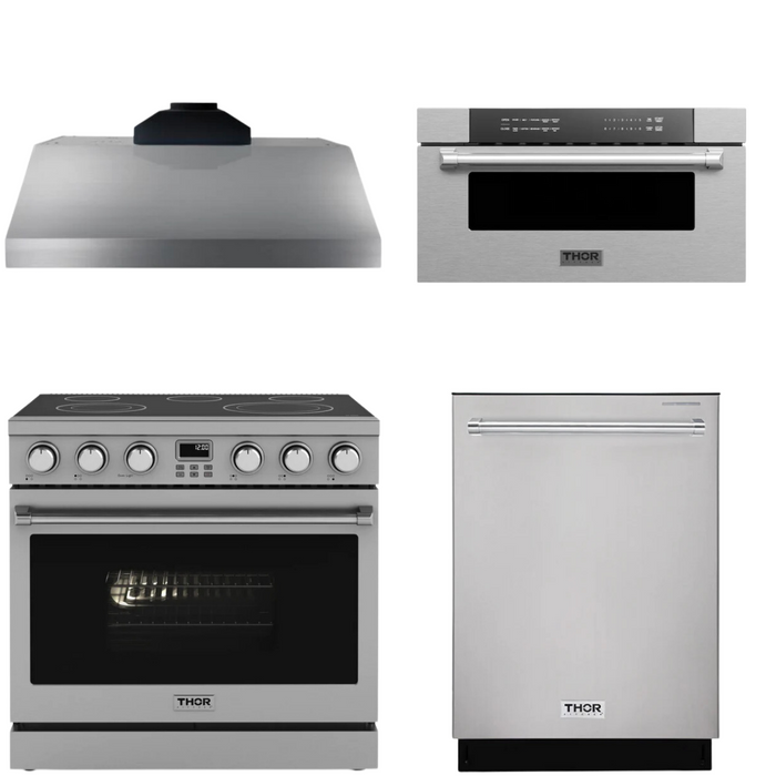 THOR Contemporary Package - 36" Electric Range, Range Hood, Dishwasher and Microwave, THOR-AP-ARE36-C55