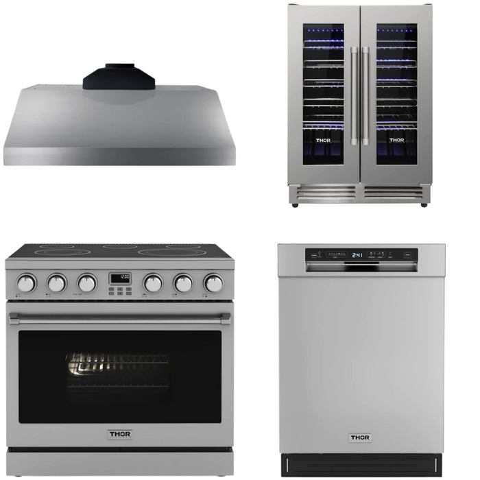 THOR Contemporary Package - 36" Electric Range, Range Hood, Dishwasher and Wine Cooler, THOR-AP-ARE36-C58