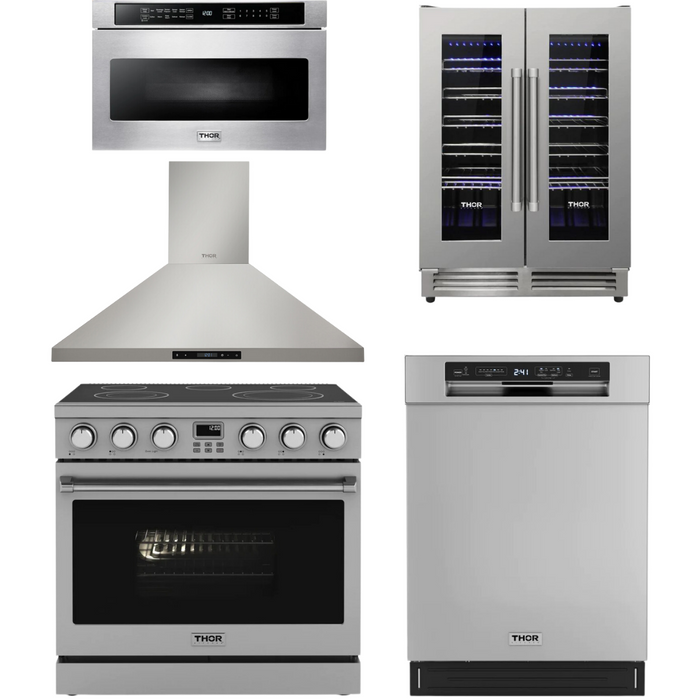 THOR Contemporary Package - 36" Electric Range, Range Hood, Dishwasher, Microwave and Wine Cooler, THOR-AP-ARE36-C107