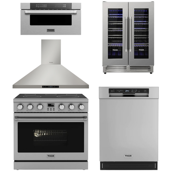 THOR Contemporary Package - 36" Electric Range, Range Hood, Dishwasher, Microwave and Wine Cooler, THOR-AP-ARE36-C108