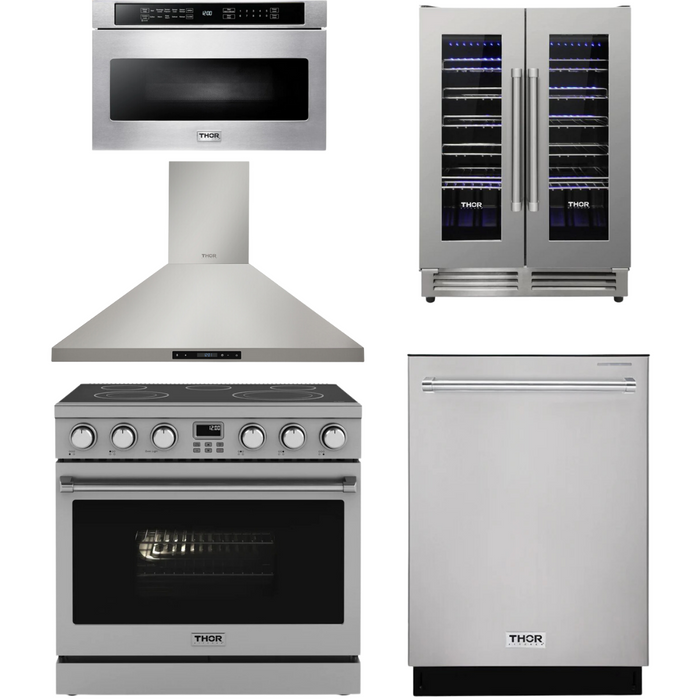 THOR Contemporary Package - 36" Electric Range, Range Hood, Dishwasher, Microwave and Wine Cooler, THOR-AP-ARE36-C109