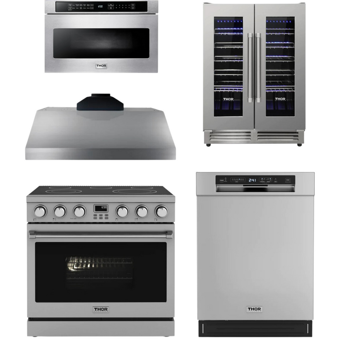 THOR Contemporary Package - 36" Electric Range, Range Hood, Dishwasher, Microwave and Wine Cooler, THOR-AP-ARE36-C111