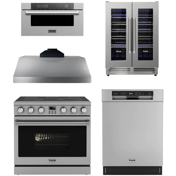 THOR Contemporary Package - 36" Electric Range, Range Hood, Dishwasher, Microwave and Wine Cooler, THOR-AP-ARE36-C112