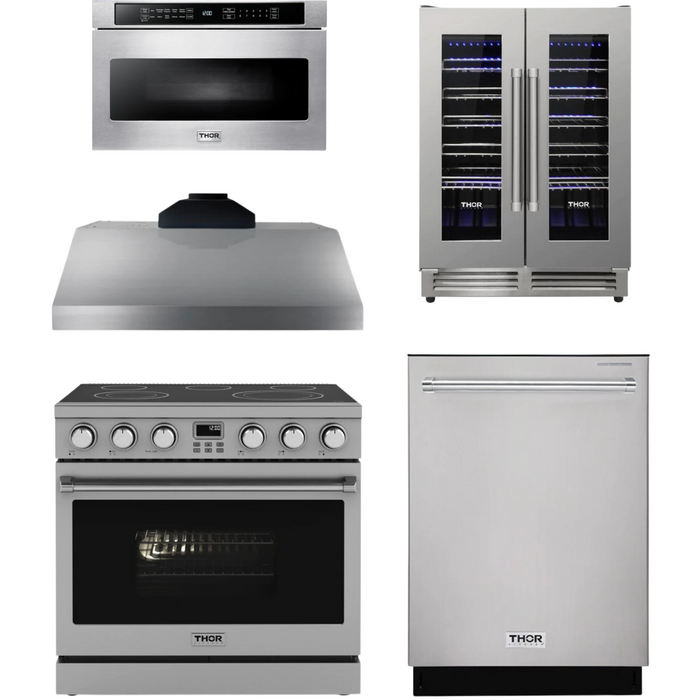 THOR Contemporary Package - 36" Electric Range, Range Hood, Dishwasher, Microwave and Wine Cooler, THOR-AP-ARE36-C113