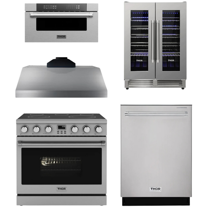 THOR Contemporary Package - 36" Electric Range, Range Hood, Dishwasher, Microwave and Wine Cooler, THOR-AP-ARE36-C114