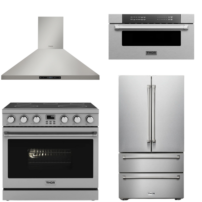 THOR Contemporary Package - 36" Electric Range, Range Hood, Refrigerator and Microwave, THOR-AP-ARE36-C61