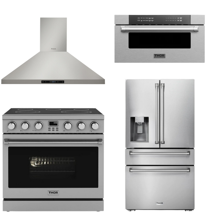 THOR Contemporary Package - 36" Electric Range, Range Hood, Refrigerator and Microwave, THOR-AP-ARE36-C63