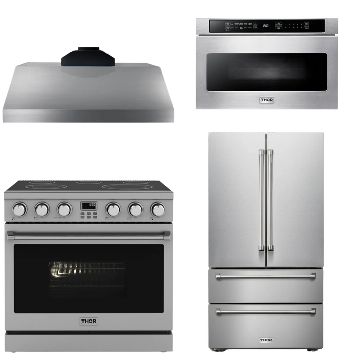 THOR Contemporary Package - 36" Electric Range, Range Hood, Refrigerator and Microwave, THOR-AP-ARE36-C64
