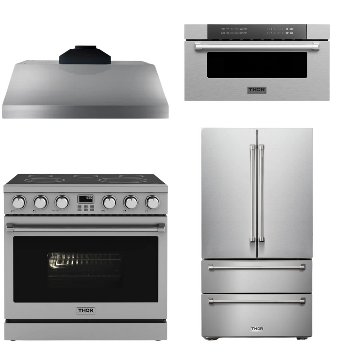 THOR Contemporary Package - 36" Electric Range, Range Hood, Refrigerator and Microwave, THOR-AP-ARE36-C65