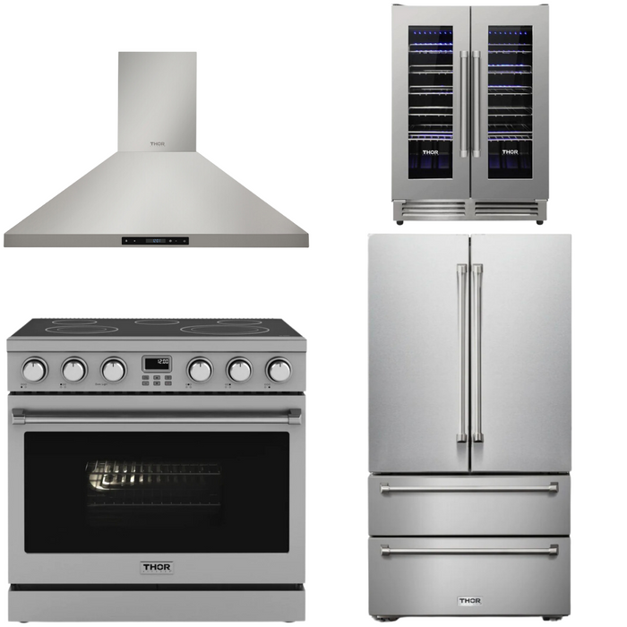THOR Contemporary Package - 36" Electric Range, Range Hood, Refrigerator and Wine Cooler, THOR-AP-ARE36-C68