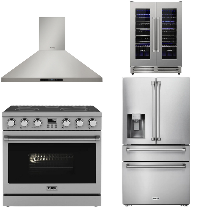 THOR Contemporary Package - 36" Electric Range, Range Hood, Refrigerator and Wine Cooler, THOR-AP-ARE36-C69