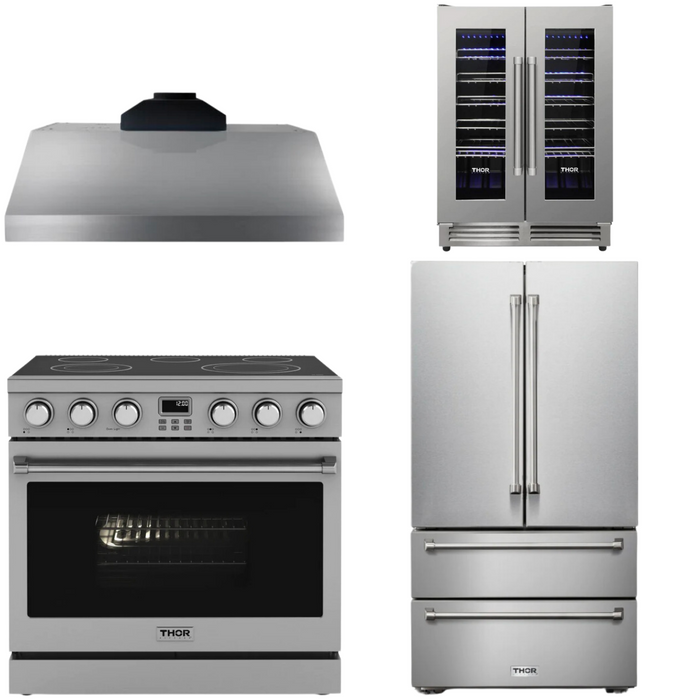THOR Contemporary Package - 36" Electric Range, Range Hood, Refrigerator and Wine Cooler, THOR-AP-ARE36-C70