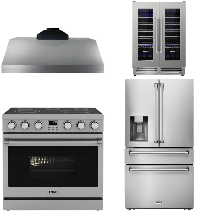 THOR Contemporary Package - 36" Electric Range, Range Hood, Refrigerator and Wine Cooler, THOR-AP-ARE36-C71
