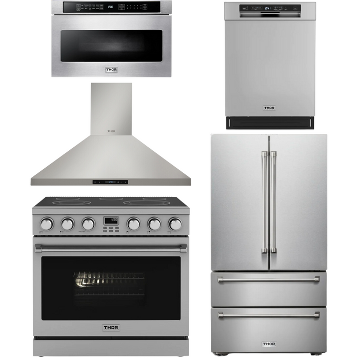 THOR Contemporary Package - 36" Electric Range, Range Hood, Refrigerator, Dishwasher and Microwave, THOR-AP-ARE36-C83