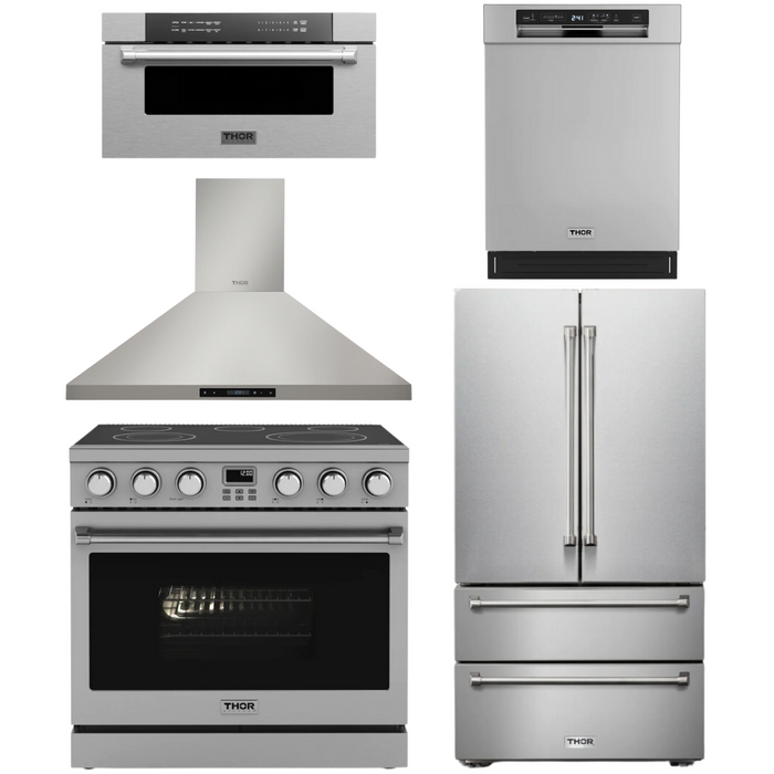 THOR Contemporary Package - 36" Electric Range, Range Hood, Refrigerator, Dishwasher and Microwave, THOR-AP-ARE36-C84