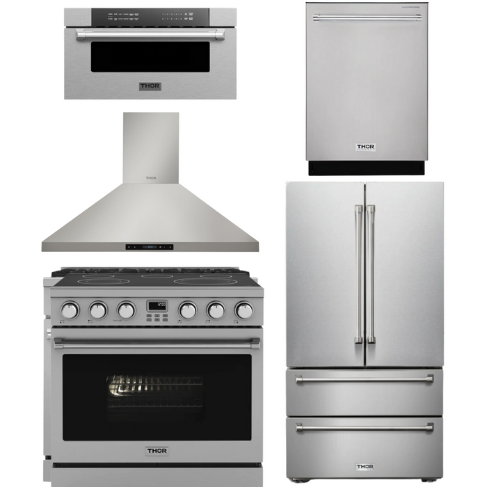 THOR Contemporary Package - 36" Electric Range, Range Hood, Refrigerator, Dishwasher and Microwave, THOR-AP-ARE36-C86