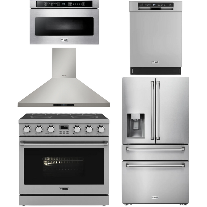 THOR Contemporary Package - 36" Electric Range, Range Hood, Refrigerator, Dishwasher and Microwave, THOR-AP-ARE36-C87
