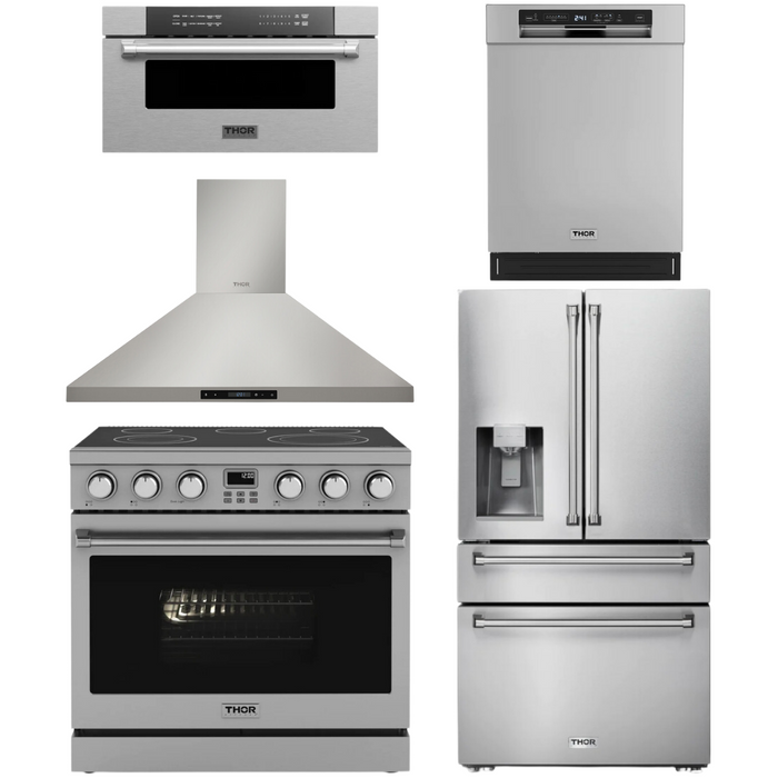 THOR Contemporary Package - 36" Electric Range, Range Hood, Refrigerator, Dishwasher and Microwave, THOR-AP-ARE36-C88