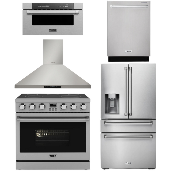THOR Contemporary Package - 36" Electric Range, Range Hood, Refrigerator, Dishwasher and Microwave, THOR-AP-ARE36-C90