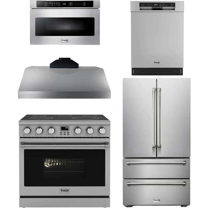 THOR Contemporary Package - 36" Electric Range, Range Hood, Refrigerator, Dishwasher and Microwave, THOR-AP-ARE36-C91