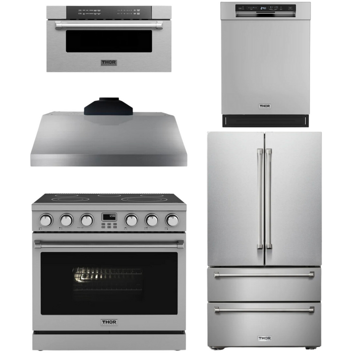 THOR Contemporary Package - 36" Electric Range, Range Hood, Refrigerator, Dishwasher and Microwave, THOR-AP-ARE36-C92