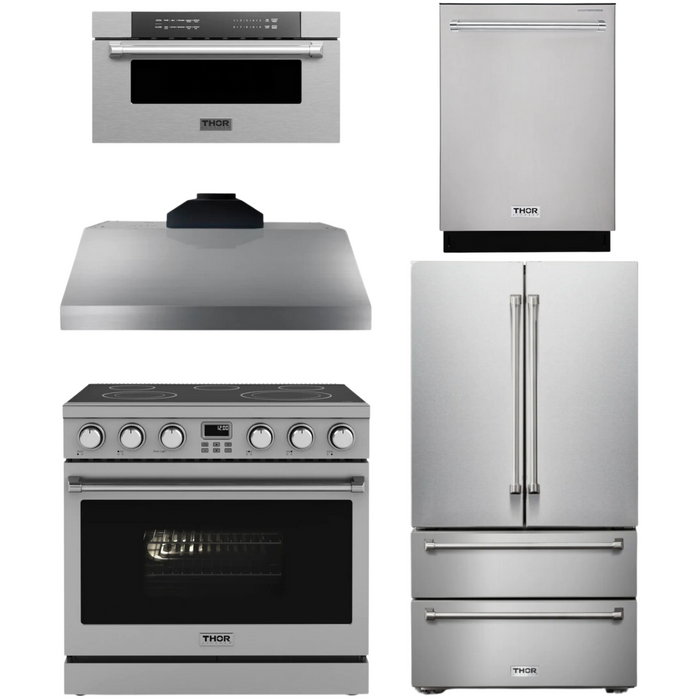 THOR Contemporary Package - 36" Electric Range, Range Hood, Refrigerator, Dishwasher and Microwave, THOR-AP-ARE36-C94