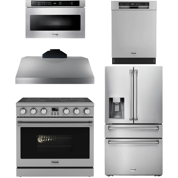 THOR Contemporary Package - 36" Electric Range, Range Hood, Refrigerator, Dishwasher and Microwave, THOR-AP-ARE36-C95