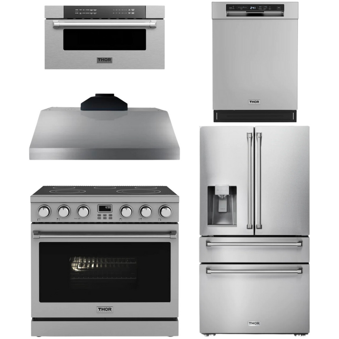 THOR Contemporary Package - 36" Electric Range, Range Hood, Refrigerator, Dishwasher and Microwave, THOR-AP-ARE36-C96