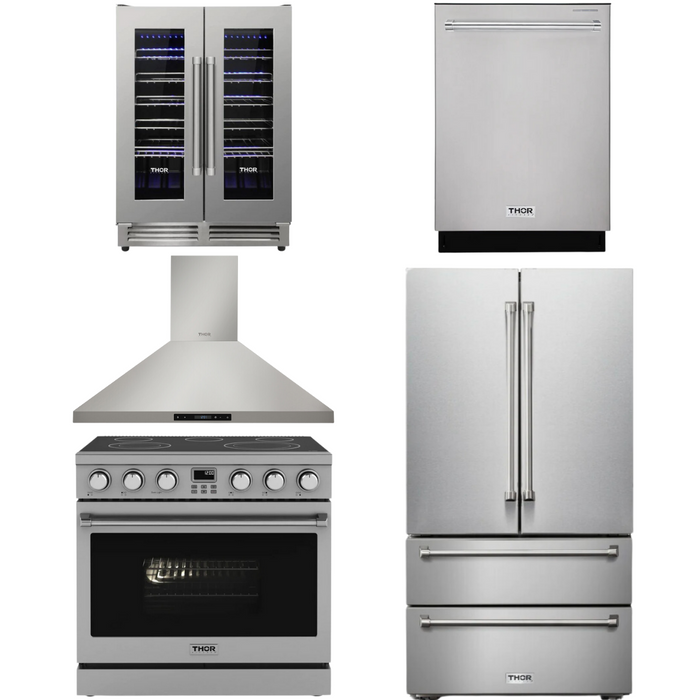THOR Contemporary Package - 36" Electric Range, Range Hood, Refrigerator, Dishwasher and Wine Cooler, THOR-AP-ARE36-C100