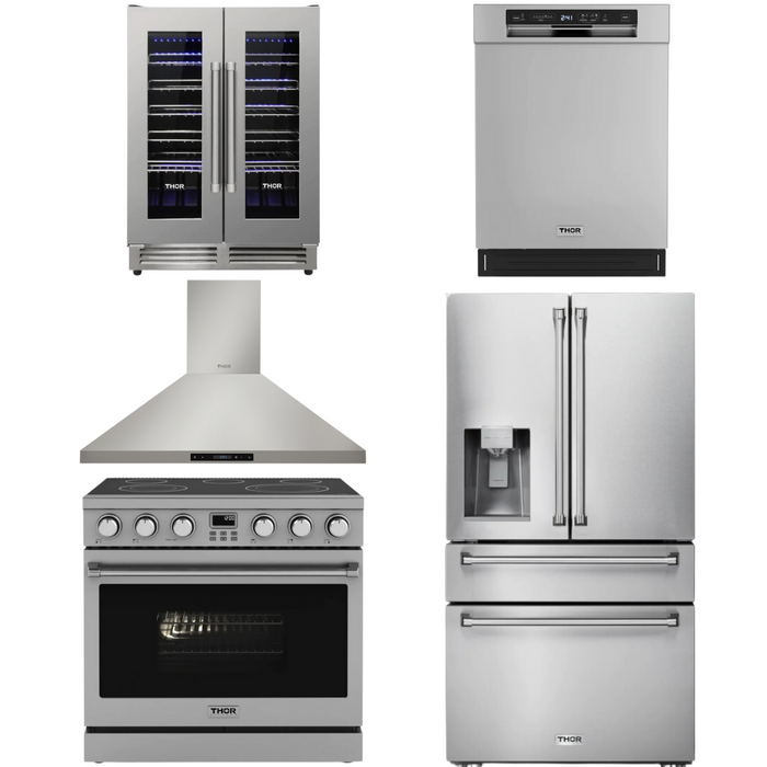 THOR Contemporary Package - 36" Electric Range, Range Hood, Refrigerator, Dishwasher and Wine Cooler, THOR-AP-ARE36-C101