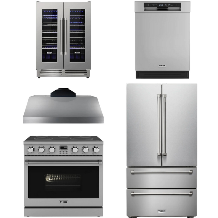 THOR Contemporary Package - 36" Electric Range, Range Hood, Refrigerator, Dishwasher and Wine Cooler, THOR-AP-ARE36-C103