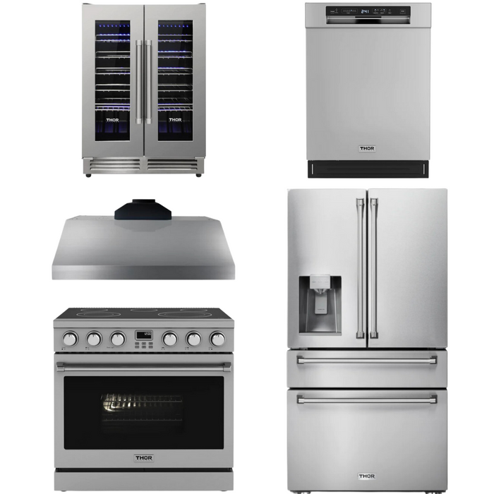 THOR Contemporary Package - 36" Electric Range, Range Hood, Refrigerator, Dishwasher and Wine Cooler, THOR-AP-ARE36-C105
